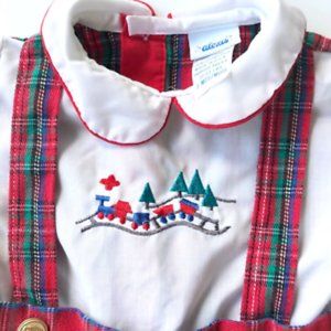 Alexis Toddler Overalls 3 M Month Red Plaid Embroidered Train Snaps  EUC…